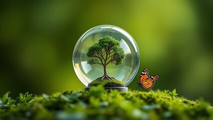 A glass orb containing a miniature tree and butterfly on a green background, representing ecological balance.