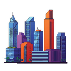 Modern city skyline flat 2D vector illustration featuring contemporary residential and office towers, presented in a minimalist style isolated on a bright white background.