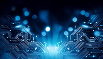 abstract blue circuit board background with glowing dots and bokeh lights on dark black background ideal for digital technology concept designs and modern electronic themes highlighting connectivity