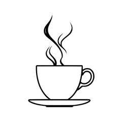 Steaming coffee cup with saucer, simple line art