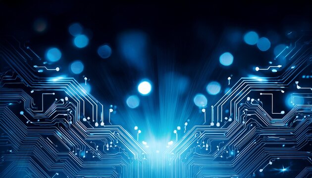 abstract blue circuit board background with glowing dots and bokeh lights on dark black background ideal for digital technology concept designs and modern electronic themes highlighting connectivity