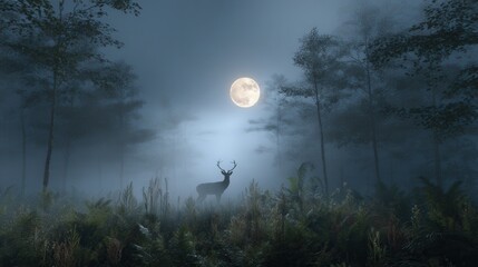 Enchanting full moon illuminating a foggy forest with a mysterious deer silhouette