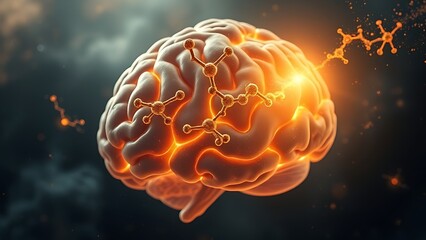 Obraz premium A golden molecular structure of spermidine floating above a brain-shaped nebula, glowing with energy.