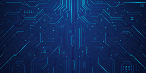 Electronic circuit on dark blue background. AI chip CPU. Technology innovation web banner. Digital tech semiconductor pattern. Big data backdrop