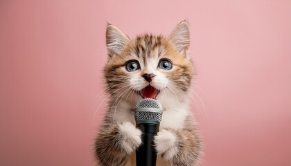 cute cat sing a song and holding microphone isolated on pastel background studio