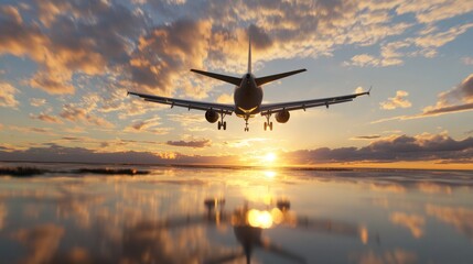 Soaring Above the Horizon: An airplane gracefully ascends into the sky, its silhouette perfectly framed against a breathtaking sunset.