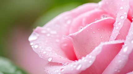 Rose Petal Elegance: A delicate, pink rose, its petals gently embracing, captured in a close-up shot, glistening with fresh water droplets, evoking a sense of natural beauty and romance.