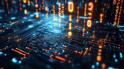 3d image of a circuit board. Animation of binary management code in video. Computer board with digital circuits and a digital interface. Three-dimensional representation of lifestyle a circuit board.