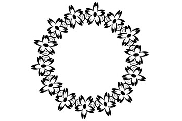 Decorative floral circular frame design in monochrome style, vector ornamental wreath illustration for elegant, vintage, and decorative graphic design projects.