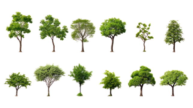 Collection of trees and bonsai with green leaves, total 10 trees on transparent background