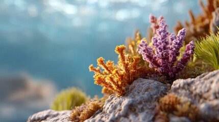 Coral Reef Beauty: A close-up shot showcases the intricate details of vibrant corals flourishing in the azure sea, creating a stunning underwater panorama of natural beauty. 