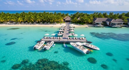 Luxury resort pier with boats and bungalows over clear water