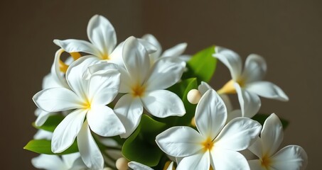 Fototapeta premium A beautiful close-up of handcrafted white plumeria or frangipani flowers with yellow centers arranged in a delicate bouquet
