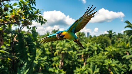 Obraz premium Blue and yellow macaw flying over the forest on a bright sunny day