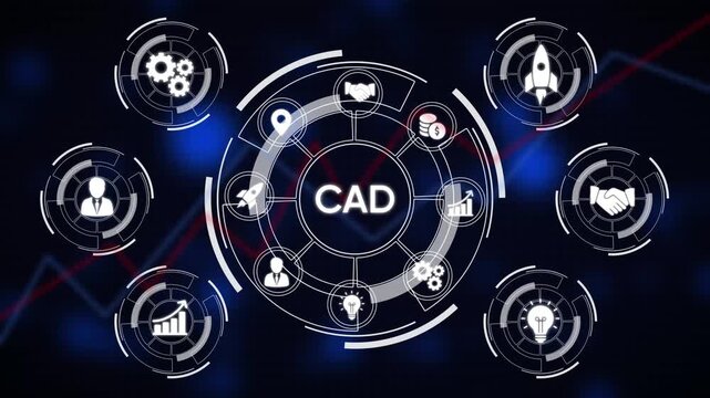 CAD concept with business icons and financial graph on dark blue background computer aided design - Powered by Adobe