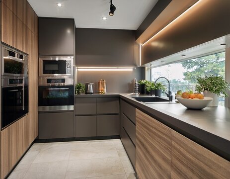 elegant kitchen with sleek countertops and minimal utensils wid eangle bright lighting