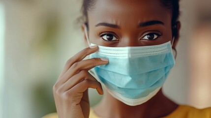 Woman wearing surgical mask. Realistic black video of woman in africa face. A wide field of field with a wide mask of depth. A woman donning a surgical mask lifestyle.