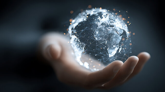 hand holding digital world globe network concept representing business connectivity global technology innovation data communication and interactive visualization