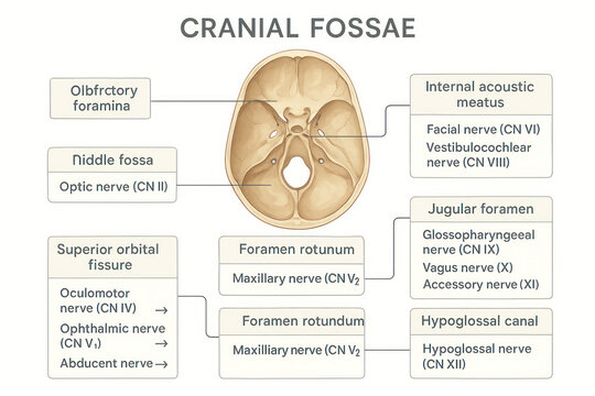 Cranial Fossae Illustration: Human Skull Anatomy with Nerves and Foramina  [Illustration]