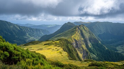 Fototapeta premium Majestic Mountain Ridge Panorama: A breathtaking panoramic view of rolling mountain ridges under a dramatic sky.