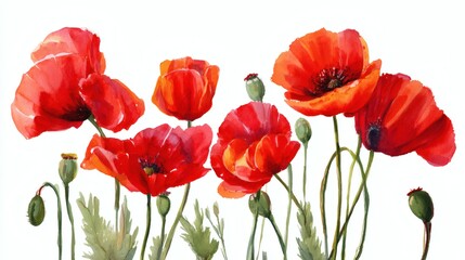 Obraz premium A vibrant watercolor painting of red poppy flowers with green stems and buds