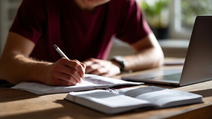 Close-up of a person taking notes at a wooden desk, focusing on focused study habits and a laptop nearby.