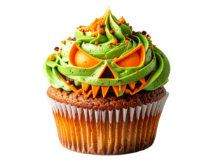 Halloween cupcake with jack o lantern face isolated on transparent background png