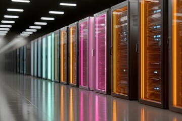Futuristic server room with colorful cabinets