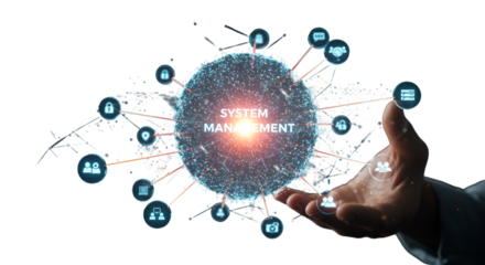 Empowering system management with innovative tech held in a human hand against a crisp black