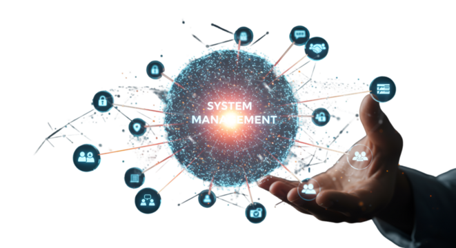 Empowering system management with innovative tech held in a human hand against a crisp black