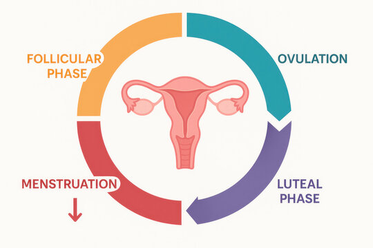 Female menstrual cycle phases, illustration of uterus and ovaries [Illustration]
