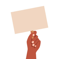 Holding protest signboard. Hand raised up with blank placard, paper sheet on wood stick. Empty banner