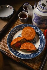 Moon cake and hot tea ,chinese style,Mid-Autumn Festival