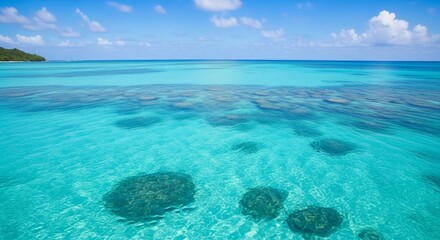 Crystal Clear Turquoise Ocean Waters with Visible Coral Reefs and Distant Lush Island Under a Blue Sky