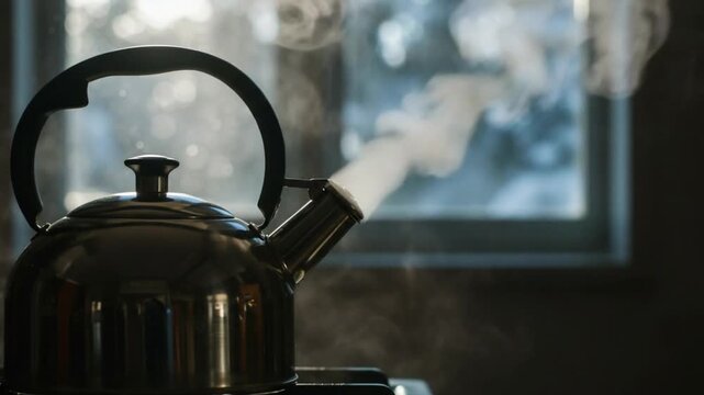 Steaming kettle on a stove in a kitchen preparing hot water for tea or coffee with a window backdrop