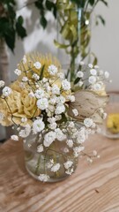 Photo of a charming floral bouquet graces a wooden table, perfect for a wedding or special event