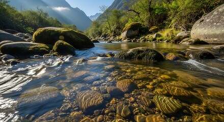 Crystal River Flowing Through Mossy Rocks in Mountain Valley