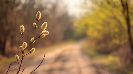Spring's Gentle Touch: A close-up of pussy willow against the softly blurred backdrop of a sun-dappled forest trail, inviting viewers to savor the beauty and tranquility of the season.