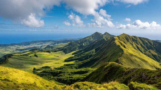 Majestic Mountain Vista: Breathtaking panorama capturing rolling green hills meeting the vast, azure expanse of the ocean under a bright, cloud-dotted sky. - Powered by Adobe