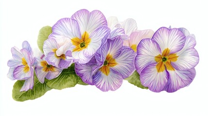 Obraz premium A cluster of beautifully detailed purple and white pansy flowers with yellow centers, surrounded by green leaves