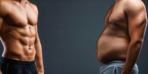 Side-by-side View Comparing a Muscular, Fit Male Torso with Sculpted Abs to an Overweight Male Torso with Substantial Belly Fat.