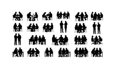  Silhouettes of people in various business and social interactions, some seated at tables and others standing, white background