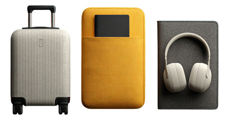 Modern Travel Accessories Set with Luggage, Case, and Headphones