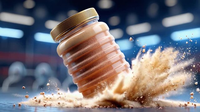 Protein powder explosion: A dynamic visual of a protein powder jar amidst a cloud of powder, set in a gym setting.