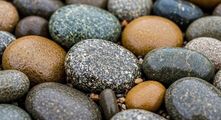 Detailed Close-up of Wet River Stones: Smooth, Glossy Pebbles in Diverse Earthy Hues