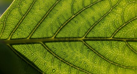 Detailed Macro View of Green Leaf with Water Droplets, Sunlight.