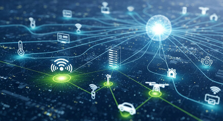 Neon-lit LAN architecture captures fiber nodes, sleek routers, and cable arrays converging into glowing digital lattice.
