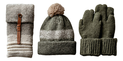 Cozy Knit Accessories Set with Gloves, Beanie, and Scarf Isolated
