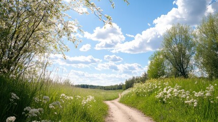 Fototapeta premium Pathway to Serenity: A scenic dirt road winds its way through a lush meadow, leading towards a horizon of trees. The sky above is a canvas of brilliant blue adorned with fluffy white clouds.