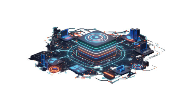 Unveiling a futuristic digital core connecting servers laptops and devices in a web network design